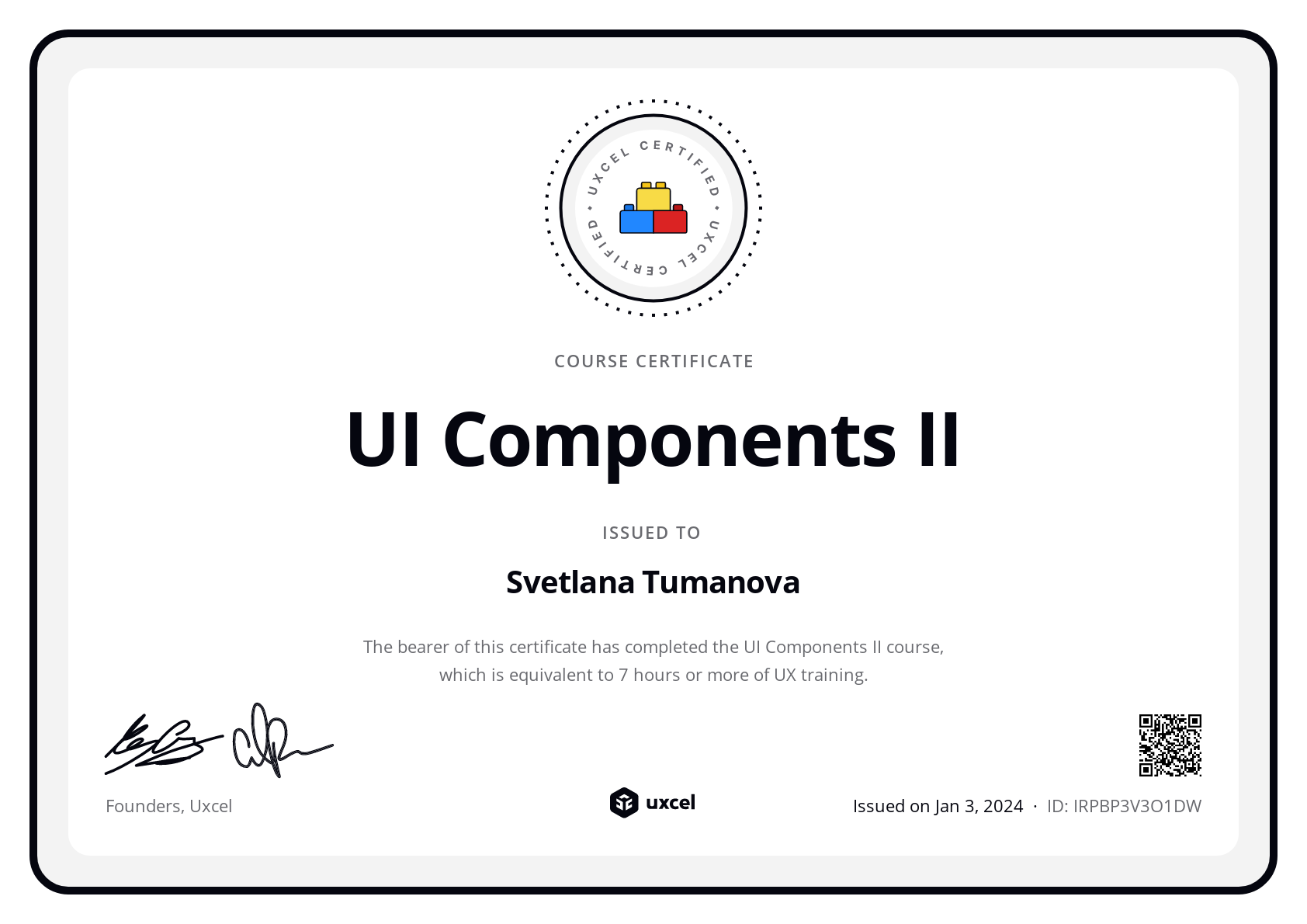 Svetlana Tumanova's certificate